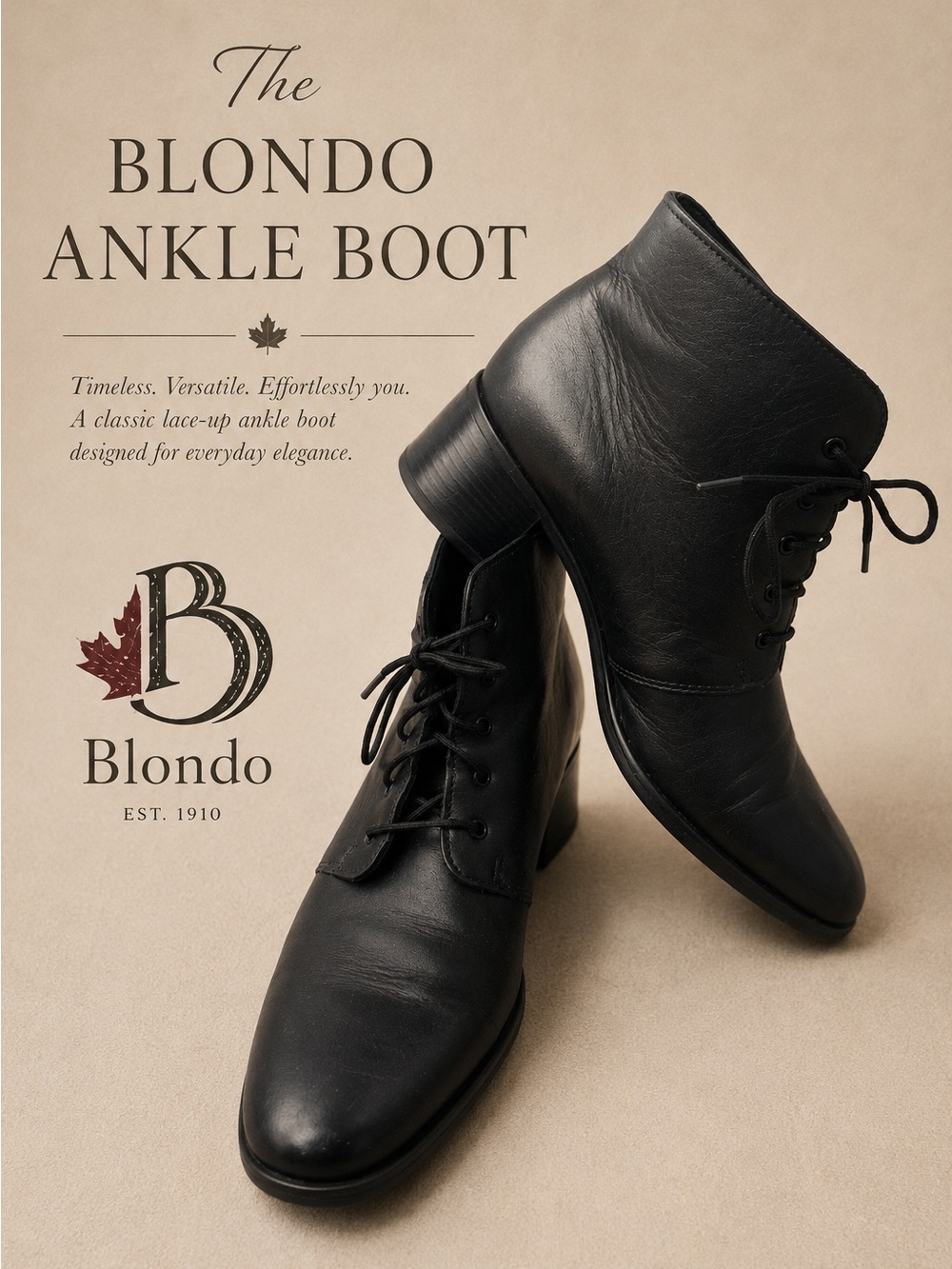 BLONDO Black Leather Lace UPS Ankle Boots WMS 11 Block Heel Classic Minimalist.